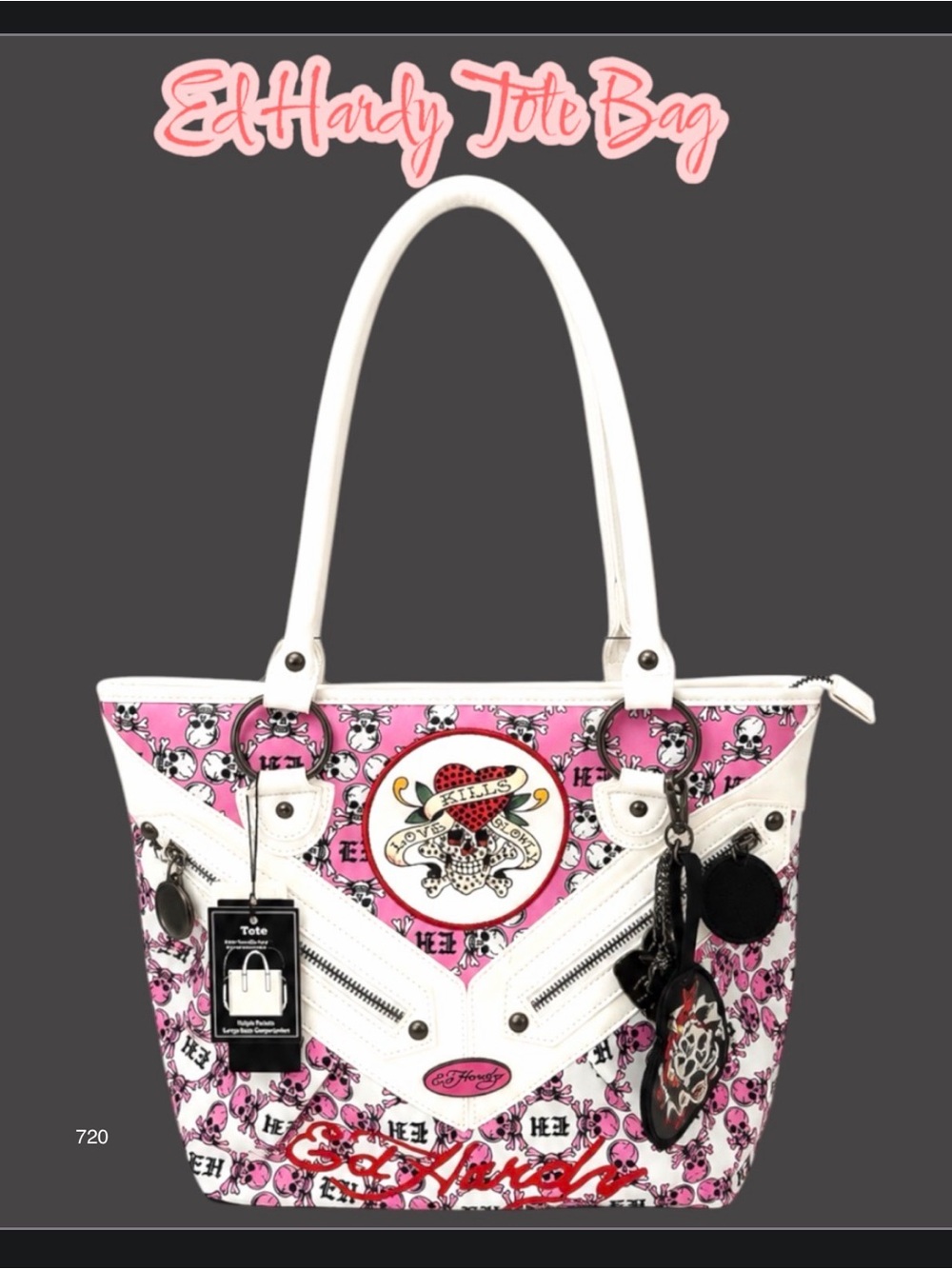 *new* Ed Hardy Pink White Tote Bag with Skull Heart Patch